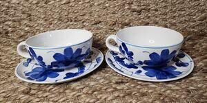 2 Large Corona Tea Cup Soup Bowl Saucer Blue Floral Hand Painted Vintage Japan